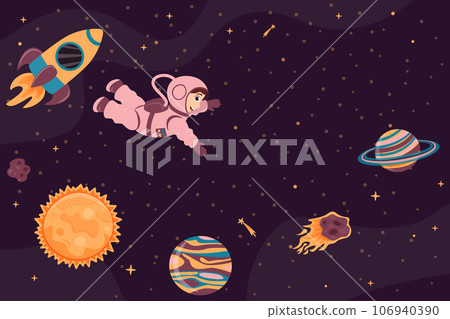 Background with cute astronaut, rocket, planet and meteorite in cartoon style. Space travel. Cosmic children's background. Vector illustration. 106940390