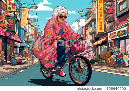 Cool grandma in a fashionable pink kimono riding a bicycle on an Asian town road. One old granny in sunglasses cycling on a Japanese city street 106940600