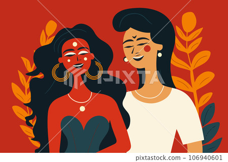 Colorful portrait of a young Indian couple on a date in a summer park. Portrait of smiling happy man and woman spending time together 106940601
