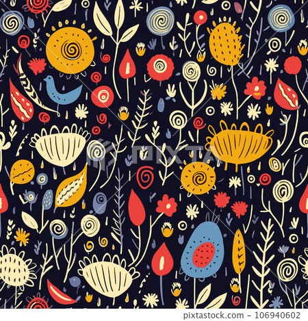 Colorful doodle flowers and herbs in a seamless vector pattern. Children's floral illustration of plants in the garden at night 106940602