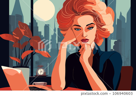Charming, stylish woman working on a laptop in the office. Young, pretty businesswoman navigates digital world with serious professionalism in her home office 106940603