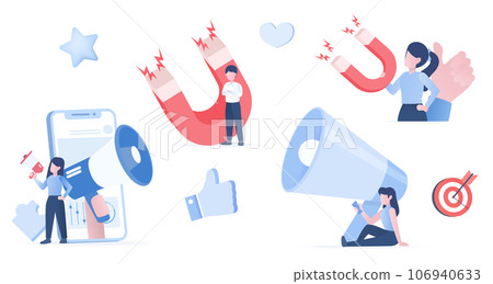 Digital marketing collection set. Customer satisfaction, creativity, thinking, promotion campaign, competition, opportunity, content and social media. Flat vector design illustration. Digital marketing collection set. Customer satisfaction, creativity, thinking, promotion campaign, competition, opportunity, content and social media. Flat vector design illustration. 106940633