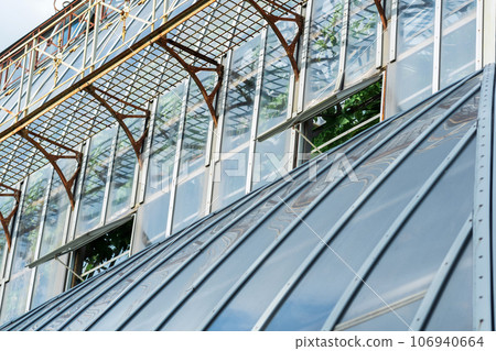 section of a glass wall of a tropical flower greenhouse with opened windows section of a glass wall of a tropical flower greenhouse with opened windows 106940664