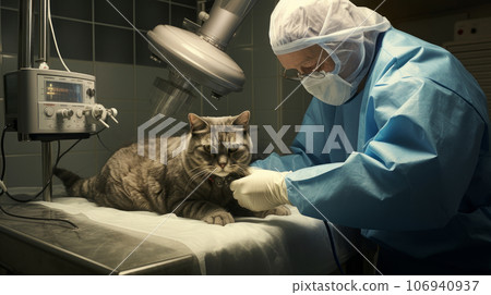Cat on the table in the operating room with an elderly veterinarian in the clinic.  106940937