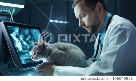 A male veterinarian performs an ultrasound on a cat in the clinic. Pet care and grooming concept. A male veterinarian performs an ultrasound on a cat in the clinic. Pet care and grooming concept. 106940938