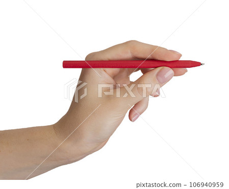 Hand holding red pen, writing, drawing, signing something Hand holding red pen, writing, drawing, signing something 106940959