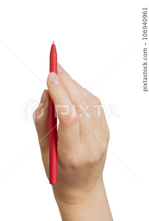 Hand holding red pen, writing, drawing Hand holding red pen, writing, drawing 106940961