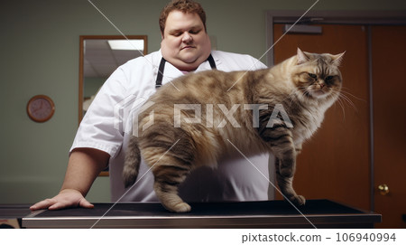 A large, fat, obese cat at a veterinarian's appointment in a clinic. A large, fat, obese cat at a veterinarian's appointment in a clinic. 106940994