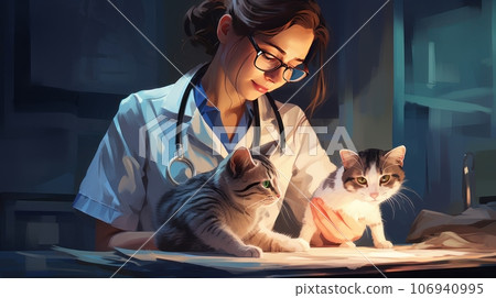 Beautiful young veterinarian is holding cute cat and smiling while her colleague is examining a pet Beautiful young veterinarian is holding cute cat and smiling while her colleague is examining a pet 106940995