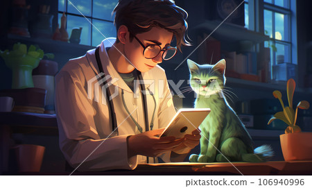 A young veterinarian doctor looks at a tablet in the evening, and a cat sits next to him A young veterinarian doctor looks at a tablet in the evening, and a cat sits next to him 106940996