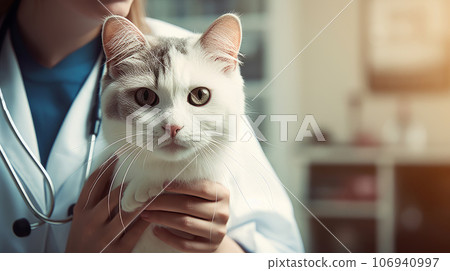 A cat in the arms of a female veterinarian in the clinic, close-up. A cat in the arms of a female veterinarian in the clinic, close-up. 106940997