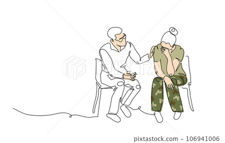 ptsd therapy, post-traumatic stress disorder treatment vector illustration. Female veteran, soldier and psychotherapist. One continuous line art drawing of ptsd therapy 106941006