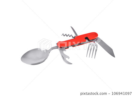 Travel tool spoon, fork, knife multifunctional set, utility knife with travel and tourism tool set, close-up Travel tool spoon, fork, knife multifunctional set, utility knife with travel and tourism tool set, close-up 106941097