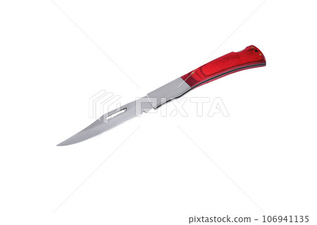 an elegant folding knife with wooden overlays on the handle, white background an elegant folding knife with wooden overlays on the handle, white background 106941135