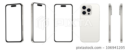 Set of 6 pcs at different angles, 15 PRO white titanium smartphone models NEW, mockup for web design on white background 106941205