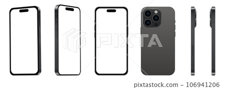 Set of 6 pcs at different angles, 15 PRO black titanium smartphone models NEW, mockup for web design on white background Set of 6 pcs at different angles, 15 PRO black titanium smartphone models NEW, mockup for web design on white background 106941206