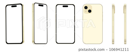 Set of 6 pieces from different angles, 15 yellow smartphone models NEW, mockup for web design on white background Set of 6 pieces from different angles, 15 yellow smartphone models NEW, mockup for web design on white background 106941211