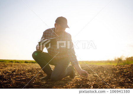 Male hands touching soil on the field. Expert hand of farmer checking soil health. Ecology concept. Male hands touching soil on the field. Expert hand of farmer checking soil health. Ecology concept. 106941380
