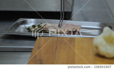 A professional chef prepares a gastronomic dish in a frying pan using ingredients and kitchen utensils. The chef is cooking in the kitchen of the restaurant. Cook's work in the kitchen. A professional chef prepares a gastronomic dish in a frying pan using ingredients and kitchen utensils. The chef is cooking in the kitchen of the restaurant. Cook's work in the kitchen. 106941607