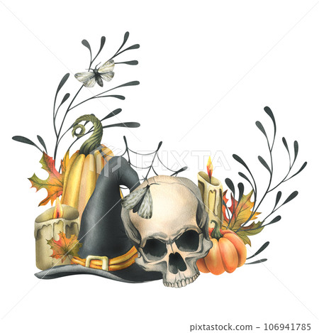 Human skull, black witch hat, orange pumpkins, branches, candles and autumn maple leaves. Hand drawn watercolor illustration for Halloween. Frame, wreath, template on a white background 106941785
