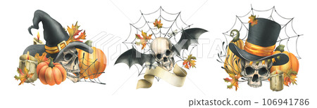 Human skulls in hats with bat wings, pumpkins, autumn leaves and candles. Hand drawn watercolor illustration for Halloween. Set of different compositions on a white background. 106941786