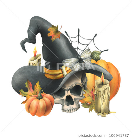 Human skull in a black witch hat with orange pumpkins, cobwebs, candles and autumn maple leaves. Hand drawn watercolor illustration for Halloween. Isolated composition on a white background 106941787