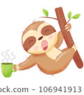 Cute Sloth Sleeping With Coffee Cup Cartoon Vector Icon Illustration. Animal Drink Icon Concept Isolated Premium Vector. Cartoon Style 106941913