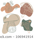 Mushroom set of vector illustrations isolated on white. White mushroom, chanterelles, honey agarics, mushrooms, fly agarics, morels. Cartoon style. 106941914