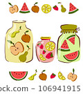 Homemade jars of preserving the fruit and berries. Set of glass jars with stewed fruits and berry jams. Compote vs marmalade, jam. Autumn harvest season. Vector illustration 106941915