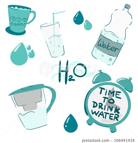 Water set. Bottles, containers, clean water,h2o. Don't forget to drink water. Vector, flat illustration. 106941916