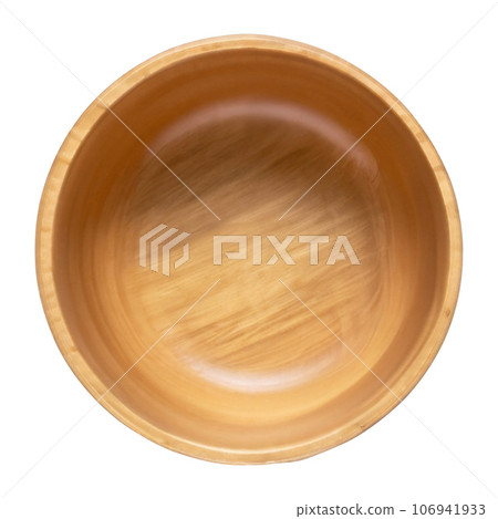 Top view of empty wooden bowl isolated on background. Clean plate cut out. 106941933