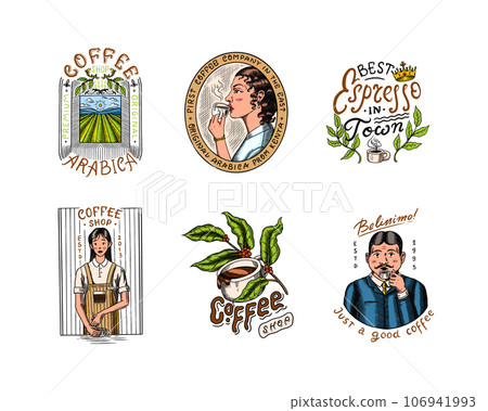 Set of coffee in vintage style. Woman and man with a cup of drink. Vintage badge or logo set for t Set of coffee in vintage style. Woman and man with a cup of drink. Vintage badge or logo set for t 106941993