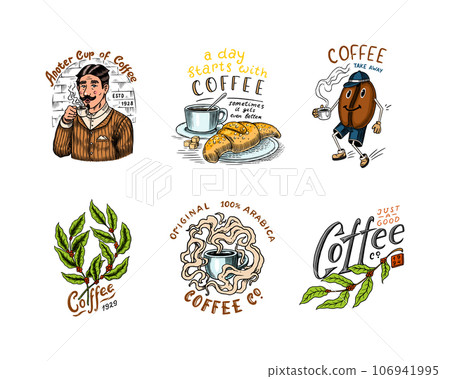 Set of coffee in vintage style. Woman and man with a cup of drink. Vintage badge or logo set for t Set of coffee in vintage style. Woman and man with a cup of drink. Vintage badge or logo set for t 106941995
