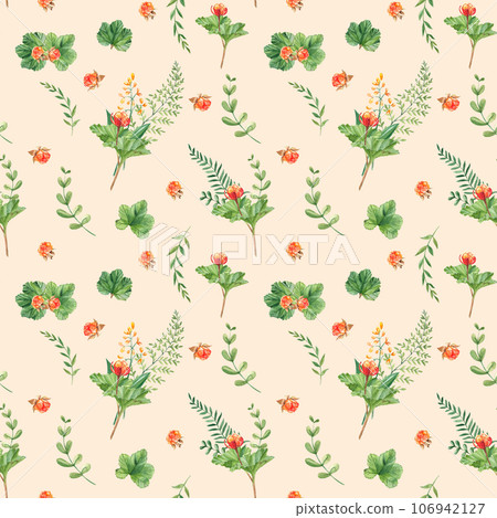 Seamless watercolor pattern with cloudberry leaves and berries, fern, green branches, yellow wildflowers. Botanical summer hand drawn illustration. Can be used for gift wrapping paper, kitchen textile 106942127