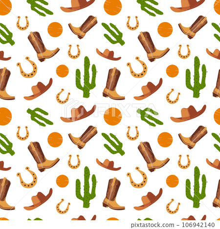 American cowboy seamless pattern. Cowboy boots, hat, horseshoe, peyote cactus, sun. Rodeo, wild west, western, boho style. Vector For print textile wrapping paper poster American cowboy seamless pattern. Cowboy boots, hat, horseshoe, peyote cactus, sun. Rodeo, wild west, western, boho style. Vector For print textile wrapping paper poster 106942140