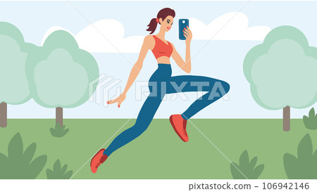 Sports blogging. Sports girl blogger jogging in the park, recording video or broadcasting online from a smartphone for social networks. Sports streaming, running, healthy lifestyle. Vector. 106942146