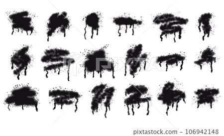 Set of black ink stains painted with aerosol spray with drops and smudges. Collection of graffiti, street art, stencil, template. Street style. Vector isolated on white. 106942148