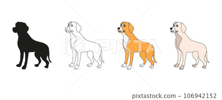 Dog or puppy in cartoon. Silhouette, contour, brown and white coloring of the dog. Vector isolated. Home pet. For emblem, badge, print, textile, pet shop, gift print childrens coloring book 106942152