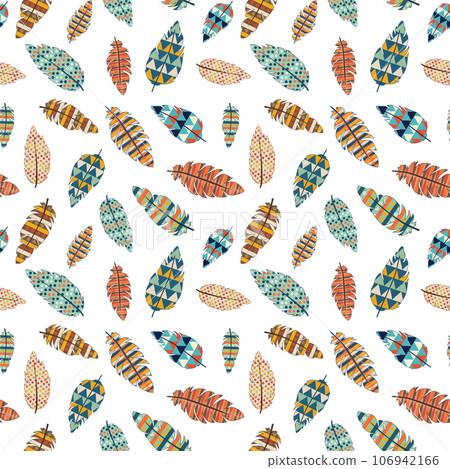 Seamless pattern, colorful feathers of Indians, African tribes, ancient wild tribes. Vector. Fashion design in boho style. For print, textile, fabric, clothing, wrapping paper, notebook cover. Seamless pattern, colorful feathers of Indians, African tribes, ancient wild tribes. Vector. Fashion design in boho style. For print, textile, fabric, clothing, wrapping paper, notebook cover. 106942166
