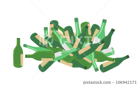 Pile of empty glass bottles from alcohol, wine, beer, rum, tequila. Concept of alcoholism, drunkenness, alcohol abuse, alcohol addiction. Garbage, ecology and pollution concept. Vector isolated. Pile of empty glass bottles from alcohol, wine, beer, rum, tequila. Concept of alcoholism, drunkenness, alcohol abuse, alcohol addiction. Garbage, ecology and pollution concept. Vector isolated. 106942171