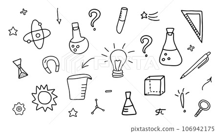 Doodle set on the theme of science, research and education, chemistry, astronomy, mathematics, physics, geometry and other sciences. Laboratory tools and equipment. Black and white outline. Vector. Doodle set on the theme of science, research and education, chemistry, astronomy, mathematics, physics, geometry and other sciences. Laboratory tools and equipment. Black and white outline. Vector. 106942175