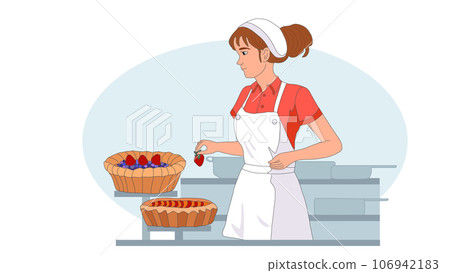 Woman decorates baked homemade fruit pies with strawberries. Girl confectioner cook for cooking healthy dessert. Vector. Birthday cake, Confectionery, bakery, food blogging, Pastry shop, online, Hobby Woman decorates baked homemade fruit pies with strawberries. Girl confectioner cook for cooking healthy dessert. Vector. Birthday cake, Confectionery, bakery, food blogging, Pastry shop, online, Hobby 106942183