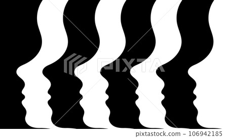 Alternating black and white silhouettes of faces in profile in a row. Optical illusion. Surreal image of the crowd. The concept of uniformity and mass character. Contrast, monochrome vector. Alternating black and white silhouettes of faces in profile in a row. Optical illusion. Surreal image of the crowd. The concept of uniformity and mass character. Contrast, monochrome vector. 106942185