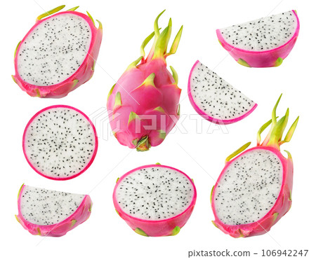 Collection of cut dragon fruits with white flesh isolated on white background 106942247