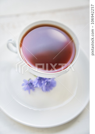Top view of the chicory drink. Cichorium flowers in a saucer, on a light background. Flowers of ordinary chicory or cichorium dioecious. With space to copy. High quality photo Top view of the chicory drink. Cichorium flowers in a saucer, on a light background. Flowers of ordinary chicory or cichorium dioecious. With space to copy. High quality photo 106942257