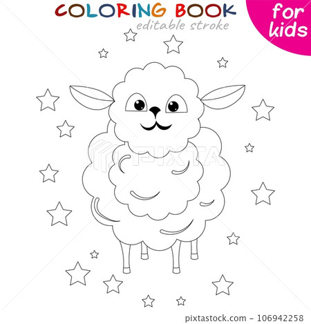 Little sheep on the background of stars Coloring book page template for children. 106942258
