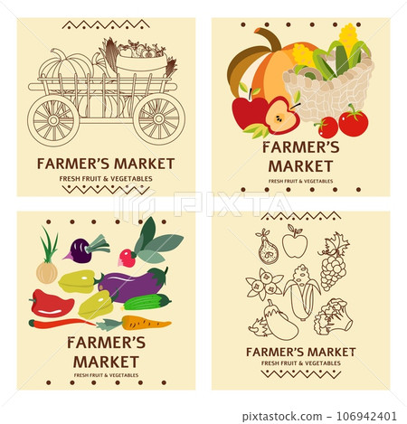 Farmer's market poster. Trolley and basket with fruits and vegetables. Farmers market poster collection. Vector banner templates with inscription for local food fair. Farmer's market poster. Trolley and basket with fruits and vegetables. Farmers market poster collection. Vector banner templates with inscription for local food fair. 106942401
