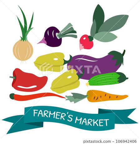Farmer's market poster. Vegetables and an award ribbon with an inscription. Farmers market poster collection. Vector banner templates with inscription for local food fair. Farmer's market poster. Vegetables and an award ribbon with an inscription. Farmers market poster collection. Vector banner templates with inscription for local food fair. 106942406