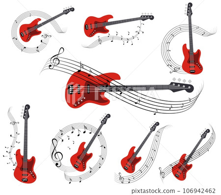 Musical instruments. Set of electric guitars with sheet music.Vector illustration 106942462