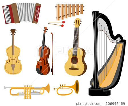 Musical instruments. Harp, xylophone, guitar, violin, trumpet, accordion. Can be used for emblem,  concert, music, school 106942469